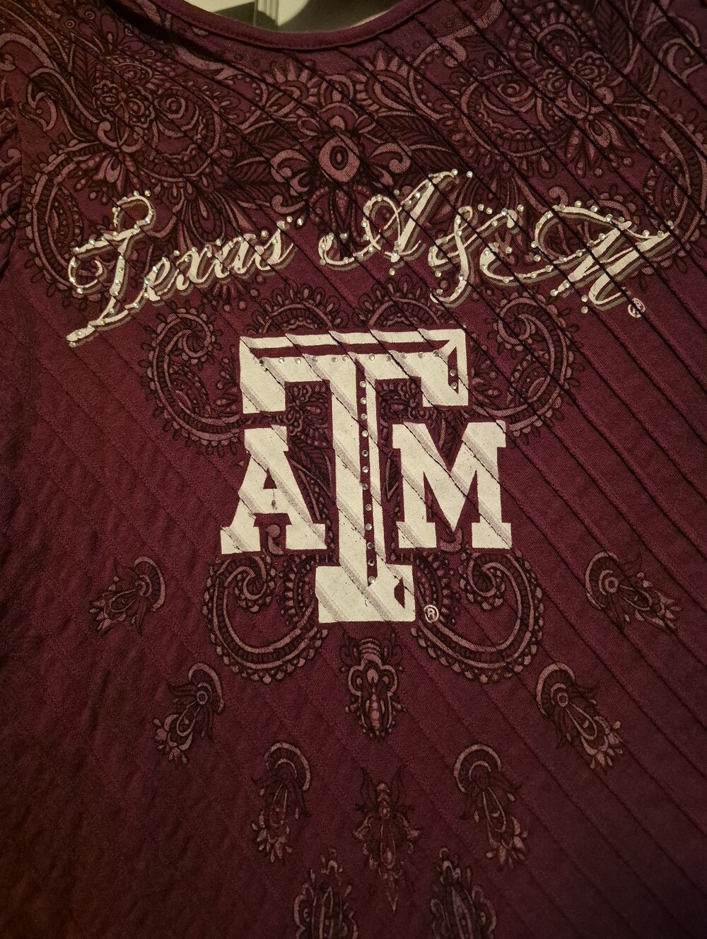 Texas A&M Aggies Rhinestone Paisley Ribbed Top Maroon Women's S/M F. Michael